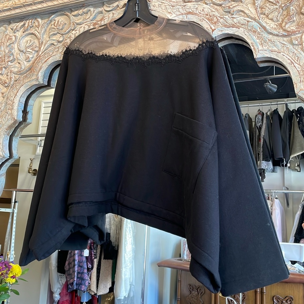 Black lace oversized dolman sweatshirt soft fleece lined illusion mesh shoulders